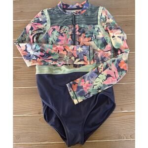 Athleta Girl Long Sleeve One Piece Swimsuit Rashguard Floral Blue Size Large 12
